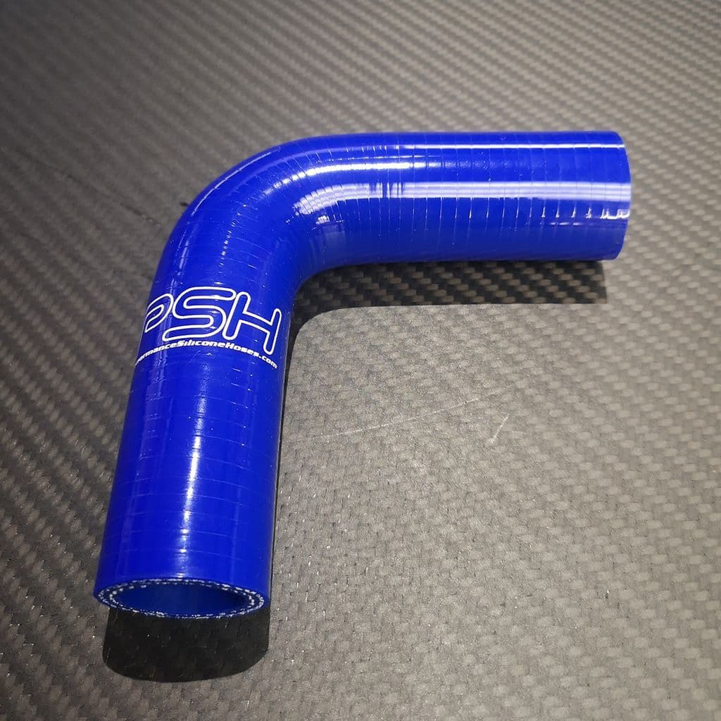 Yellow silicone 90-degree hose elbow from Auto Silicone Hoses, with hose clips, 21mm diameter, 105mm length, and 50mm bend radius.
