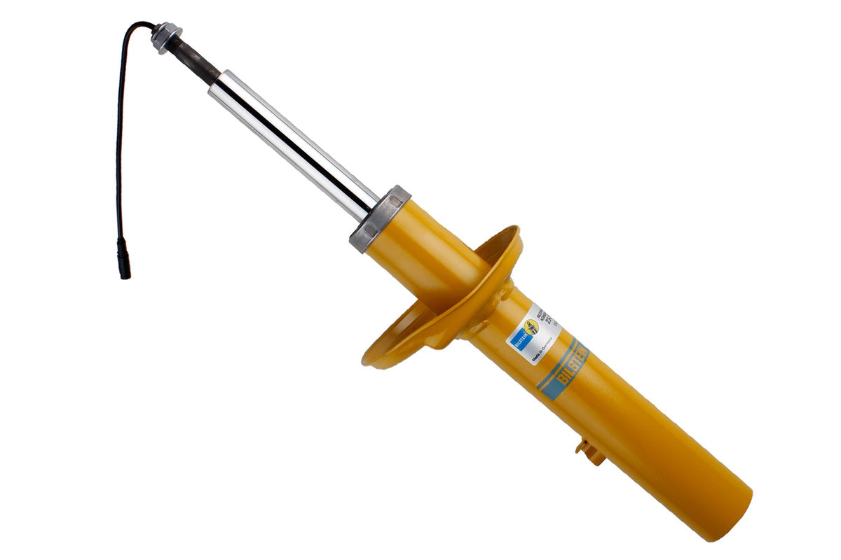 Bilstein B6 shock absorber for Porsche 981 and 982 models, showing the durable metal body and piston in a close-up image.