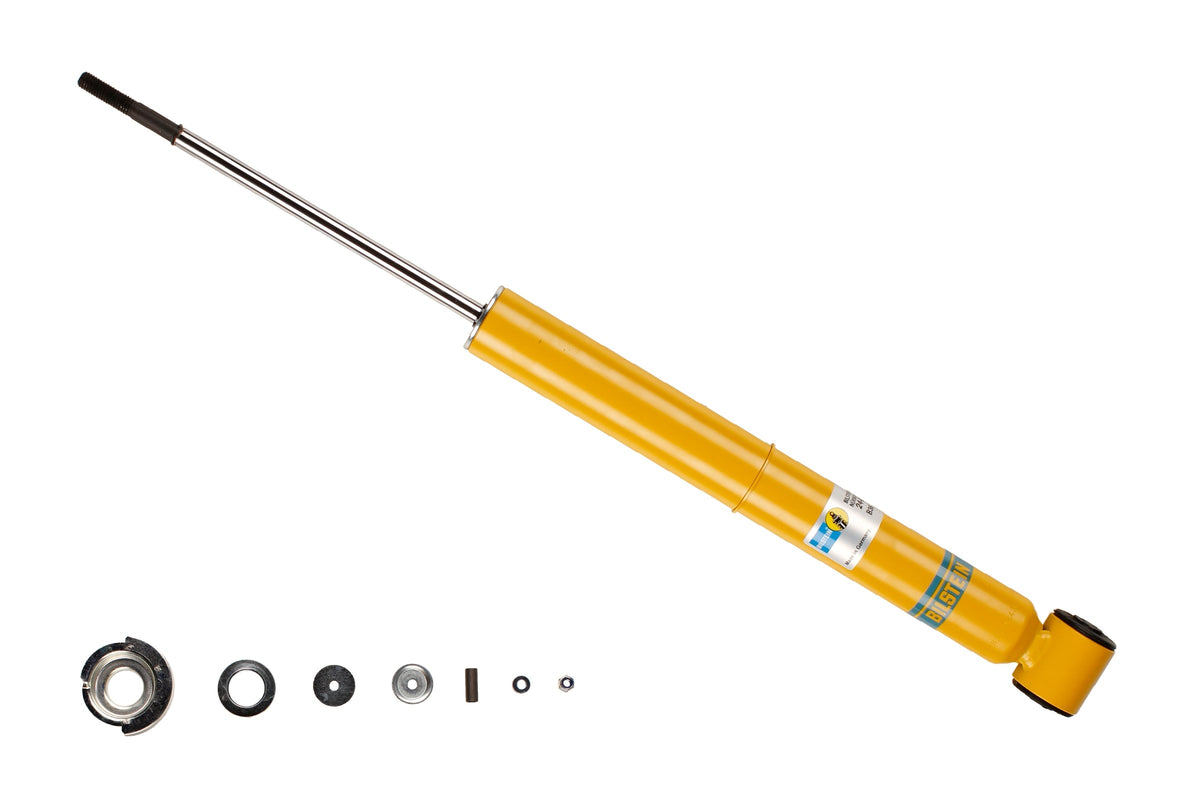 Bilstein B8 rear shock absorber for Audi Cabriolet, showing the black shock with mounting hardware and branding details.