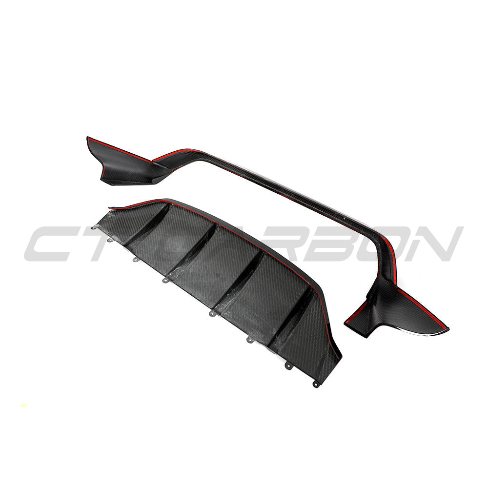 CT Carbon Porsche Taycan 2020-2024 carbon fibre diffuser showing sleek aerodynamic design and textured carbon material.