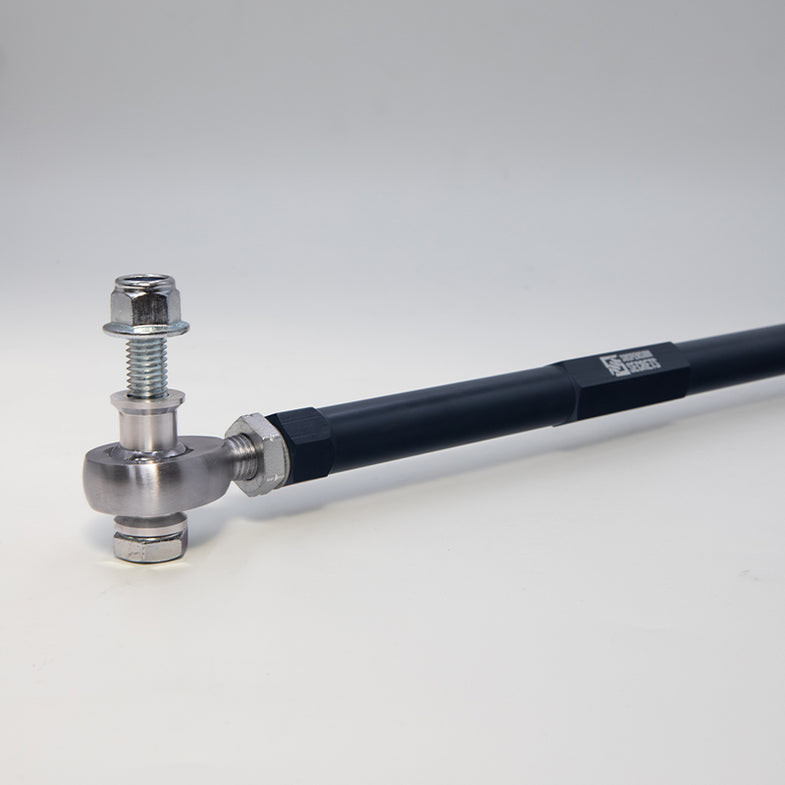 Suspension Secrets adjustable front drop links for BMW G87 M2, showing metal linkage components with mounting points.