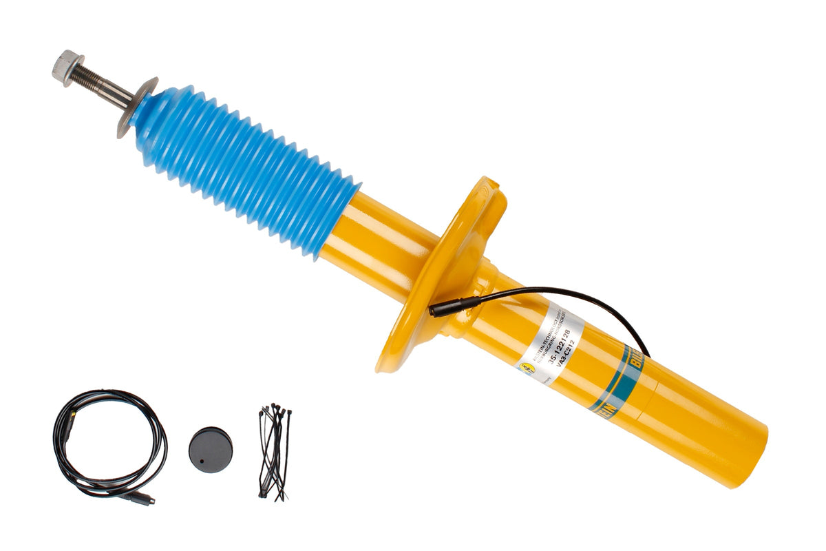 Bilstein B6 shock absorber for Porsche Boxster and Cayman 987 model, showing the durable metallic body and mounting components.