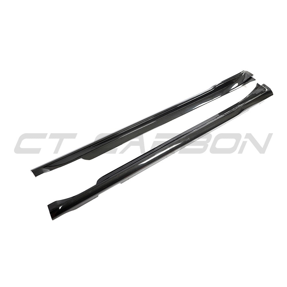 CT Carbon Porsche Taycan 2020-2024 carbon fibre side skirts installed on the vehicle's side, enhancing sporty design and aerodynamics.