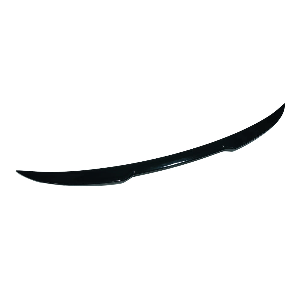 BMW 3 Series M3 G21 G81 2018+ CT Carbon gloss black middle spoiler on black car, close-up of aerodynamic rear accessory.