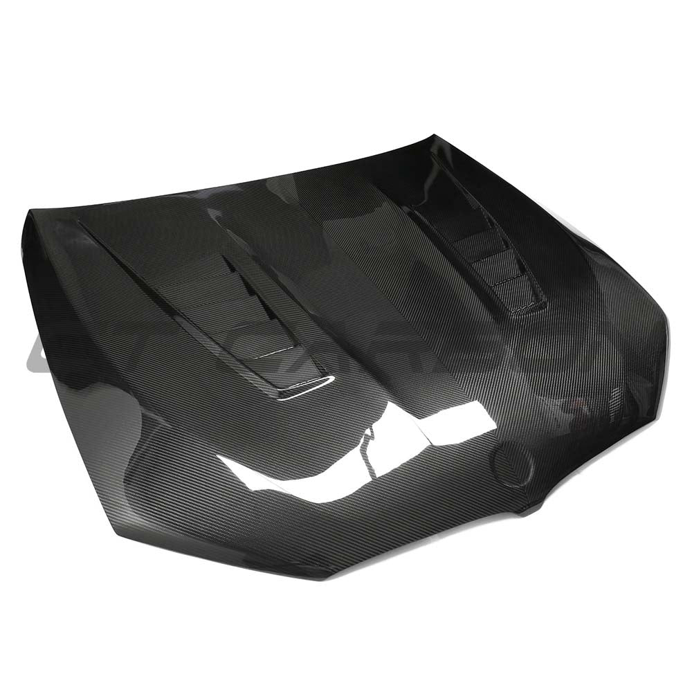 BMW F90 M5 and G30 5 Series dry carbon fiber bonnet by CT Carbon, showing the sleek, lightweight hood with carbon weave detail.