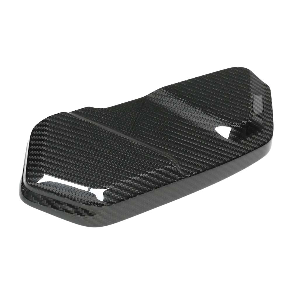 BMW F9X M5 and M8 carbon fiber engine bay trim accessory by CT Carbon, right side view showing sleek glossy finish.