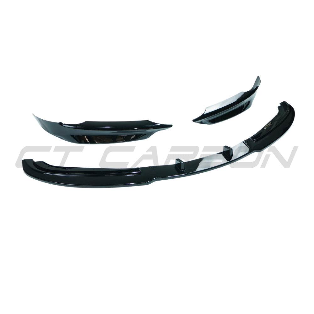Gloss black BMW 3 Series E90/E91 SE splitter V2 by CT Carbon, showing the aerodynamic front splitter on the car.