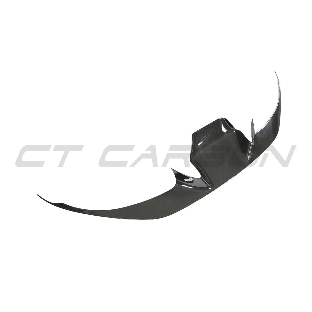 CT Carbon Ferrari F8 2019-2023 front bumper carbon fiber splitter trim showing sleek, aerodynamic design on a sports car.