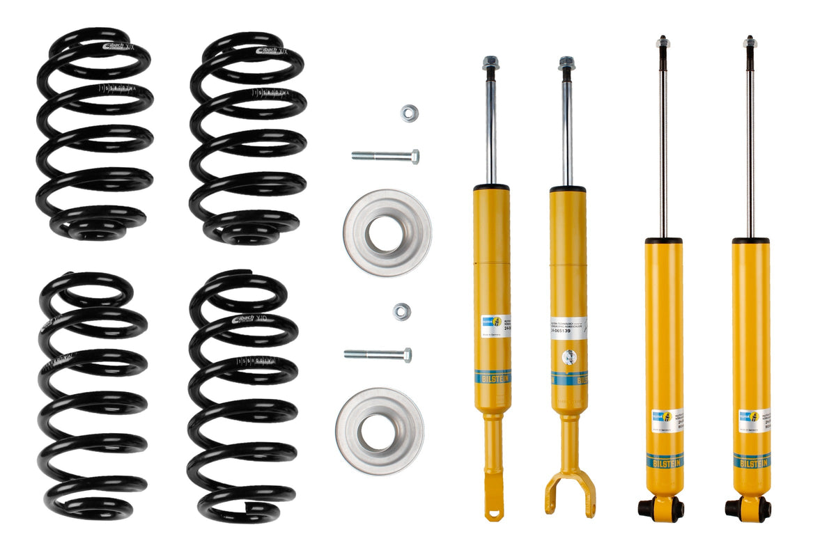 Bilstein B12 suspension kit installed on Volkswagen Passat Variant (3B6), showing shock absorbers and coil springs for improved ride quality.