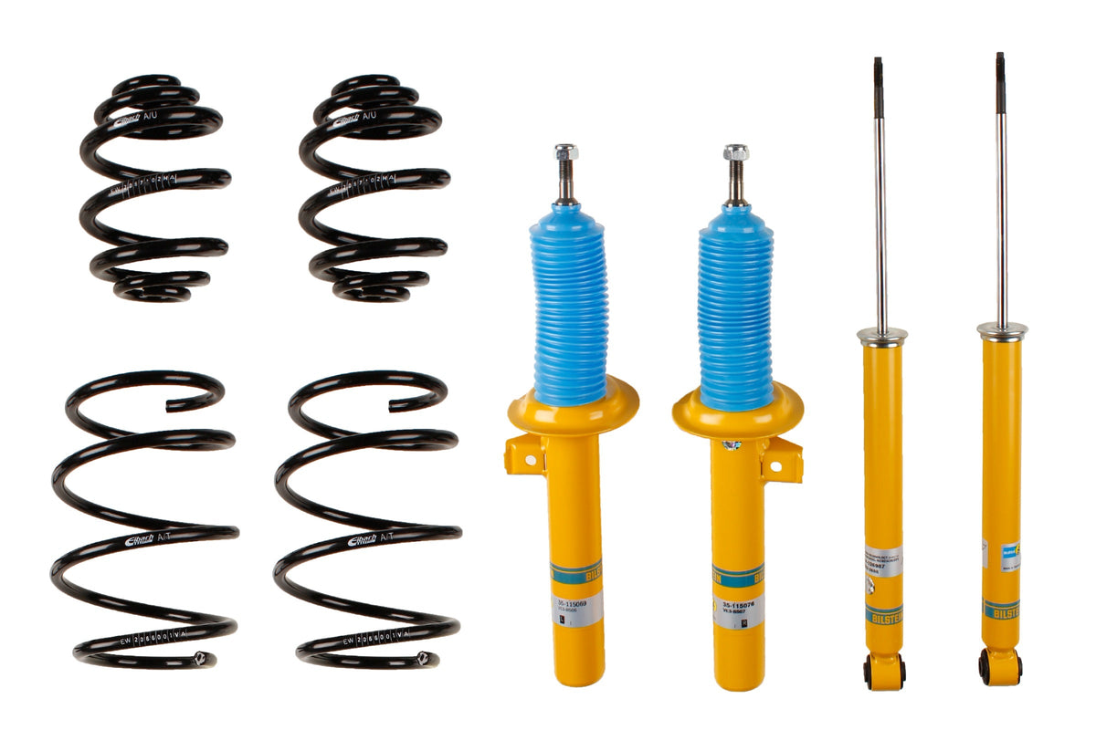 Bilstein B12 Suspension Kit for BMW E46 coupe, touring, and cabrio, showing shock absorbers and coil springs.