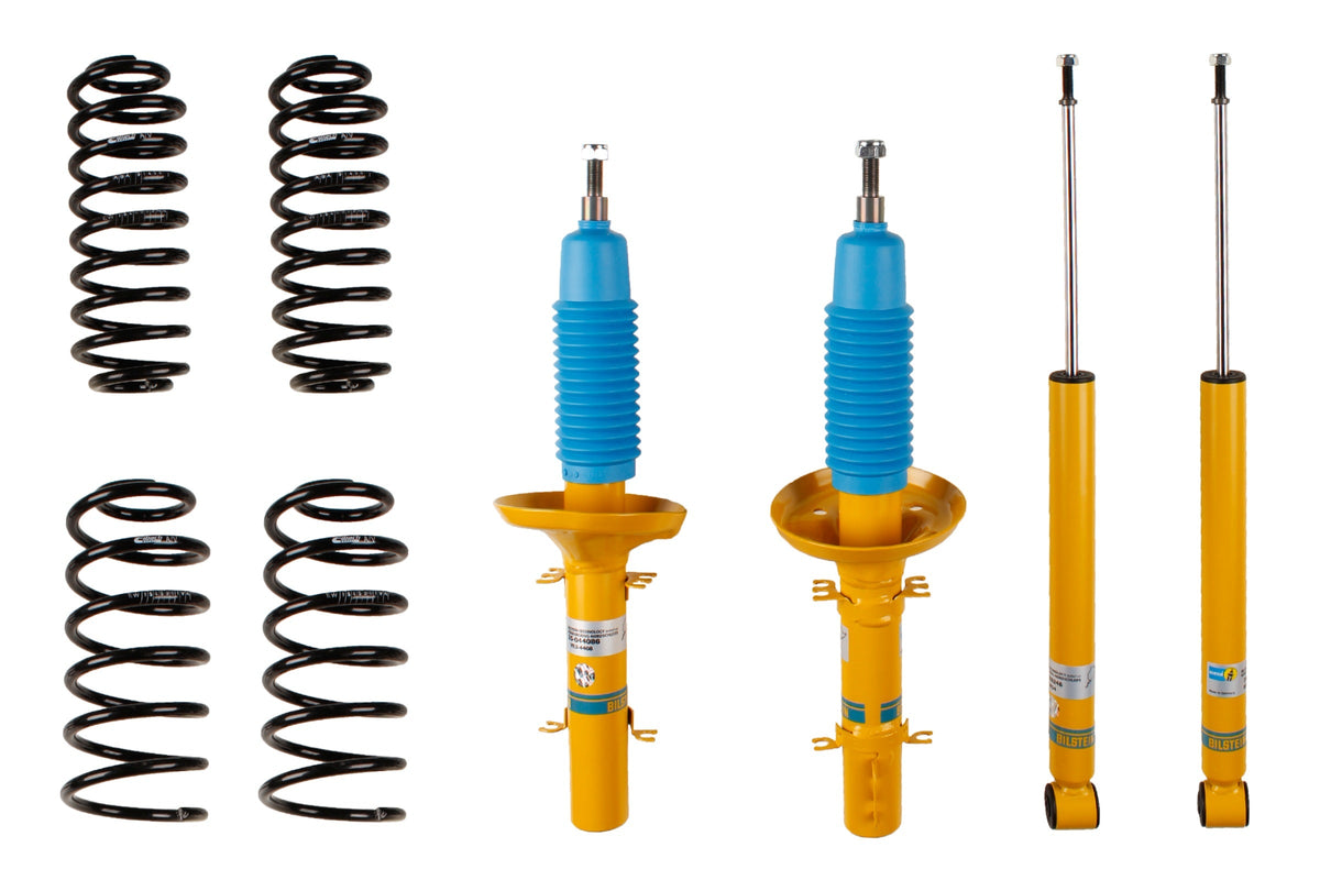 Bilstein B12 suspension kit for Volkswagen Golf IV, showing shock absorbers and coil springs in the kit.