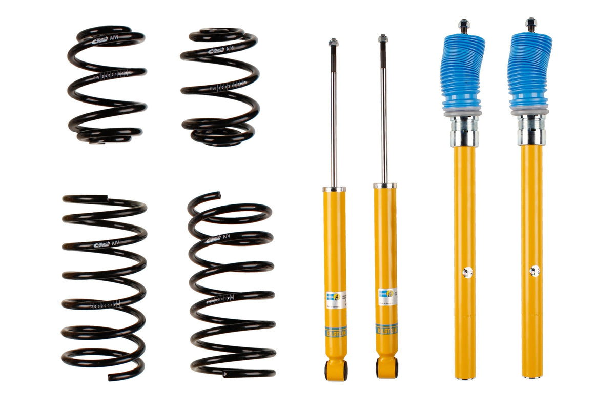 Bilstein B12 suspension kit for BMW 3 Series E30, showing shock absorbers and coil springs in the kit.