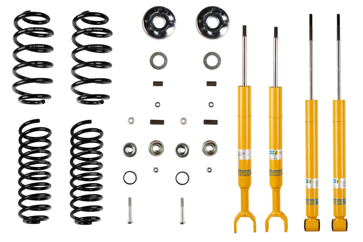 Bilstein B12 suspension kit for Audi A4 B5, showing shock absorbers and coil springs in the kit.