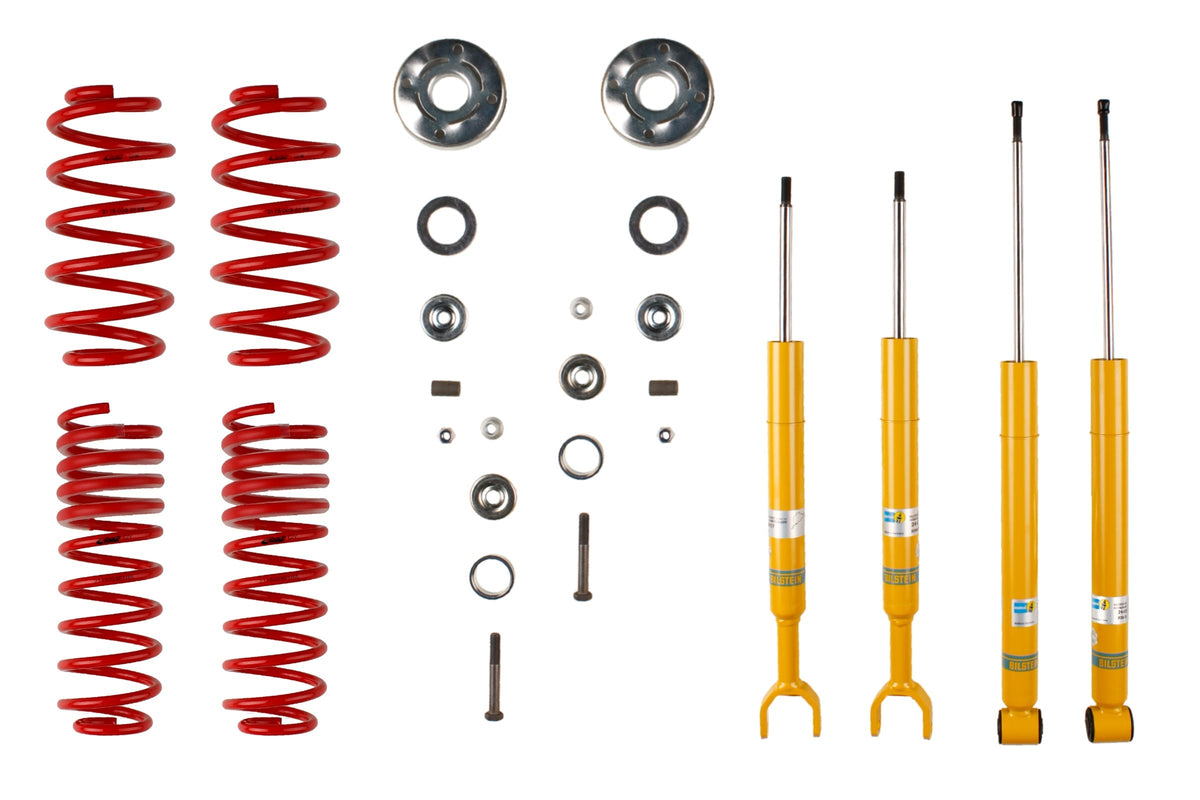 Bilstein B12 suspension kit for Audi A4 Avant (8D5 B5) showing shock absorbers and coil springs in the kit.