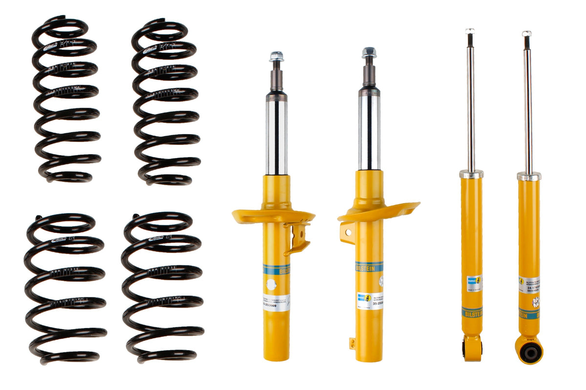 Bilstein B12 suspension kit for Volkswagen Golf Plus, showing shock absorbers and coil springs in the kit.