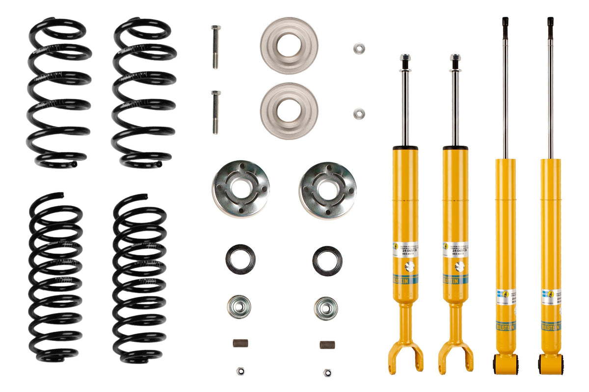 Bilstein B12 suspension kit for Audi A4 B5, showing shock absorbers and coil springs in the kit.