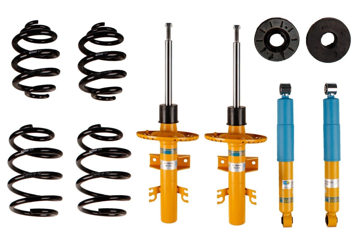 Bilstein B12 suspension kit for Volkswagen T5, showing assembled shock absorbers and coil springs for enhanced ride quality.