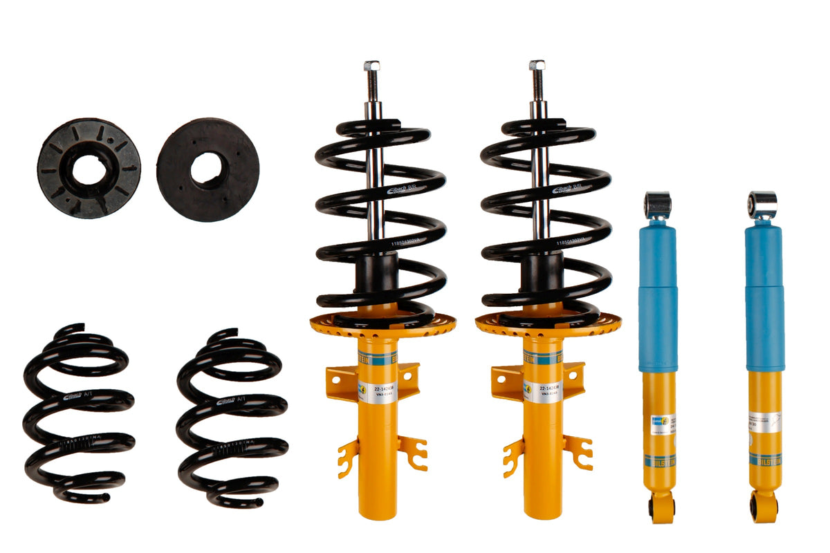 Bilstein B12 suspension kit installed on Volkswagen T5 Tipper, showing shock absorbers and coil springs for improved ride quality.