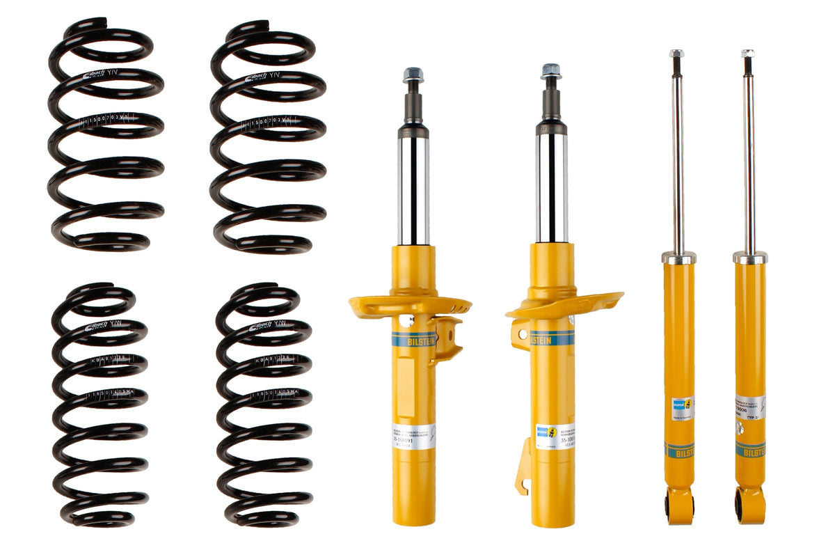 Bilstein B12 Suspension Kit for Volkswagen Golf Plus, showing shock absorbers and coil springs in the kit.
