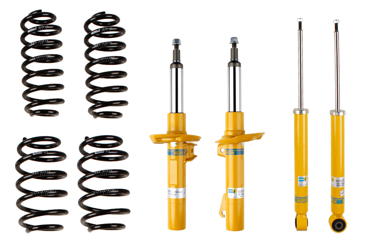 Bilstein B12 suspension kit for Volkswagen Golf V shows shock absorbers and coil springs on a vehicle suspension setup.