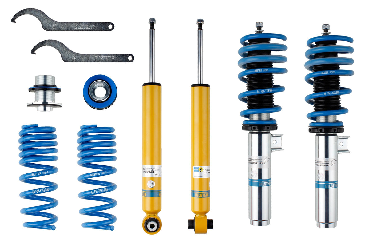 Bilstein B14 coilover kit installed on a BMW 1 Series F20 xDrive, showing adjustable suspension components and sleek coilover design.