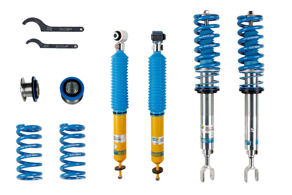 Bilstein B16 suspension coilover kit for Audi S4 (8E), showcasing adjustable shock absorbers and coil springs for improved handling.