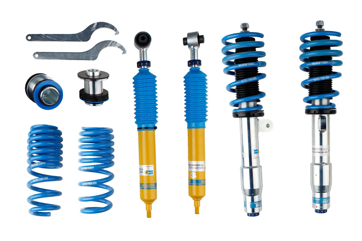 Bilstein B16 coilover suspension kit for BMW M3 and M4, shown with adjustable shock absorbers and racing-inspired components.