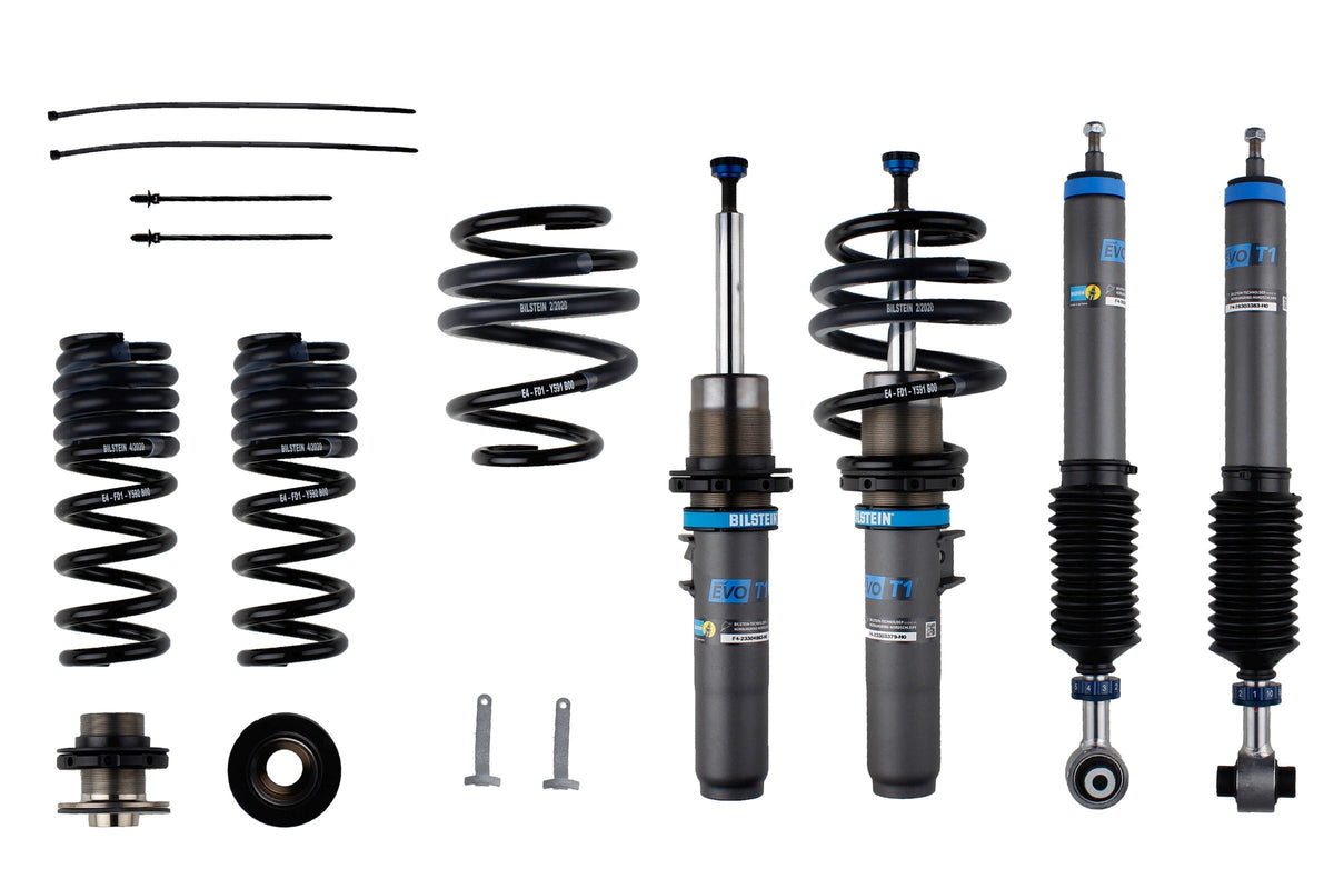Bilstein ET1 suspension coilover kit installed on BMW 3 Series G20 2WD, showing adjustable shock absorbers and coil springs.
