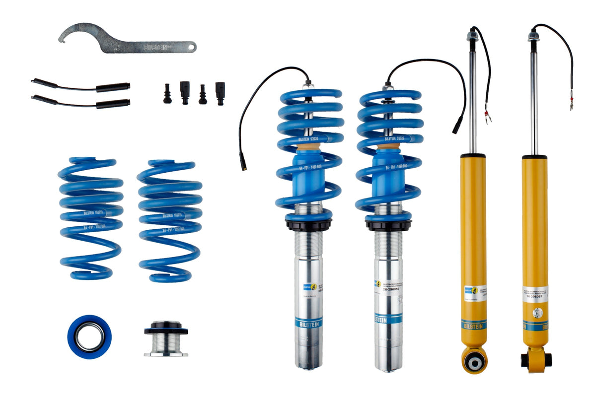 Bilstein B16 electric coilover suspension kit for Audi A4 B9, featuring adjustable shocks and modern suspension components.