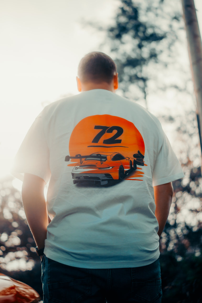 Nineteen72 Performance Flat Six Sunset T-Shirt featuring a colorful sunset graphic on a casual cotton T-shirt.