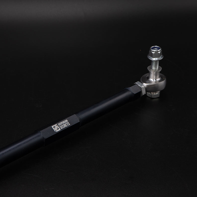 Suspension Secrets adjustable front drop links for BMW G87 M2, vehicle suspension linkage with metal ends and adjustable length.