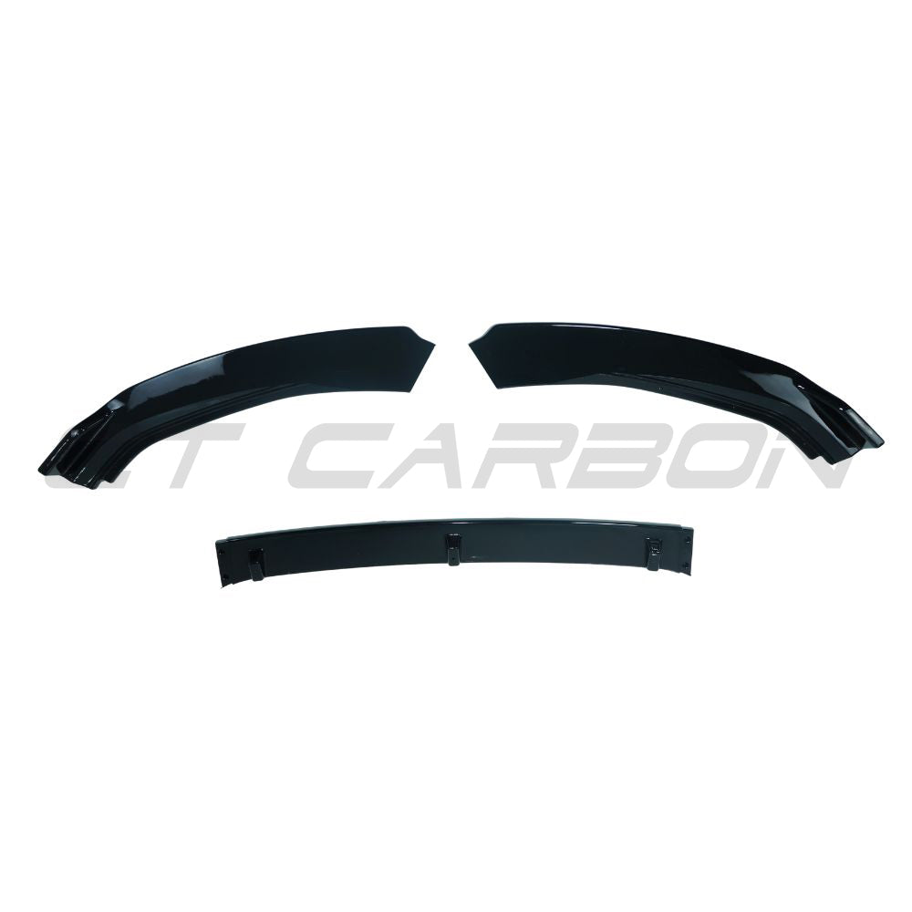 Volkswagen Golf MK7/7.5 gloss black splitter by CT Carbon installed on front bumper, enhances sporty look and aerodynamics.