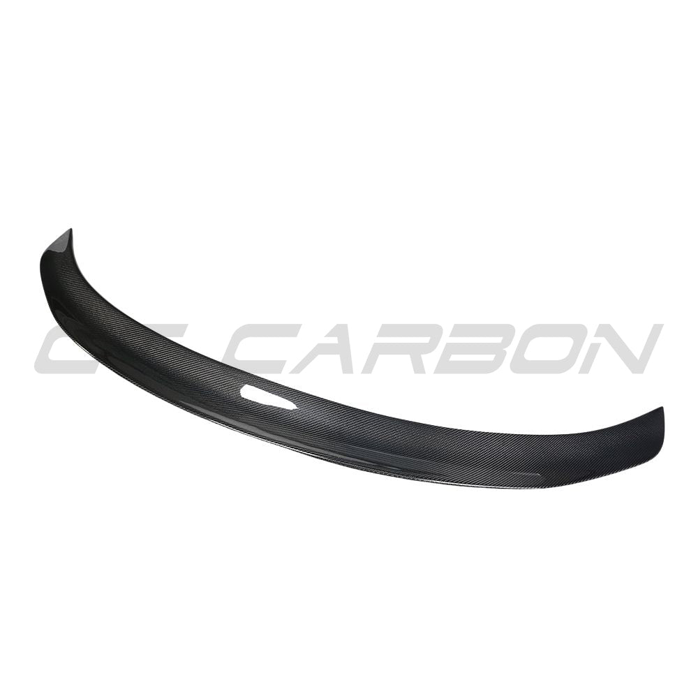 Tesla Model 3 2017-2023 carbon fiber spoiler by CT Carbon, front view showing sleek aerodynamic design.