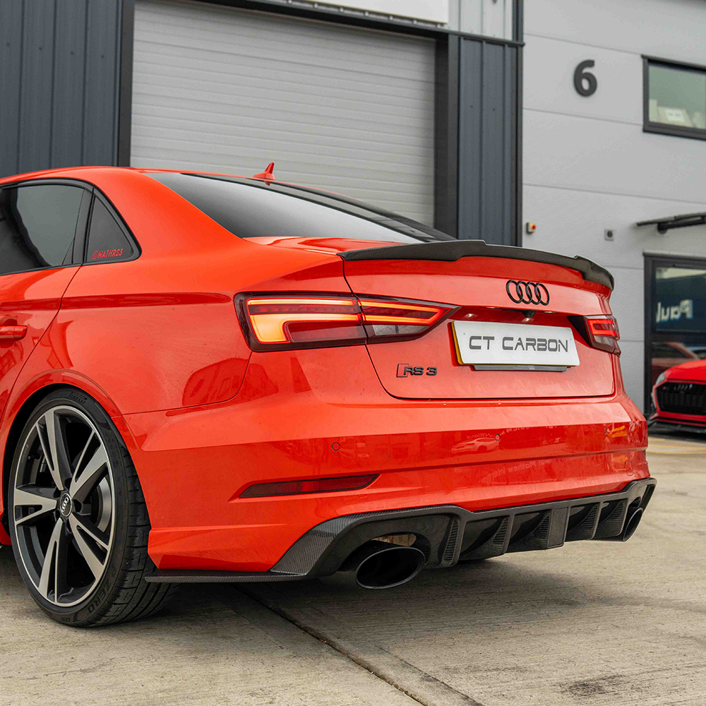 CT Carbon Audi A3 S3 RS3 8V saloon carbon fiber spoiler, front view showing sleek aerodynamic design.