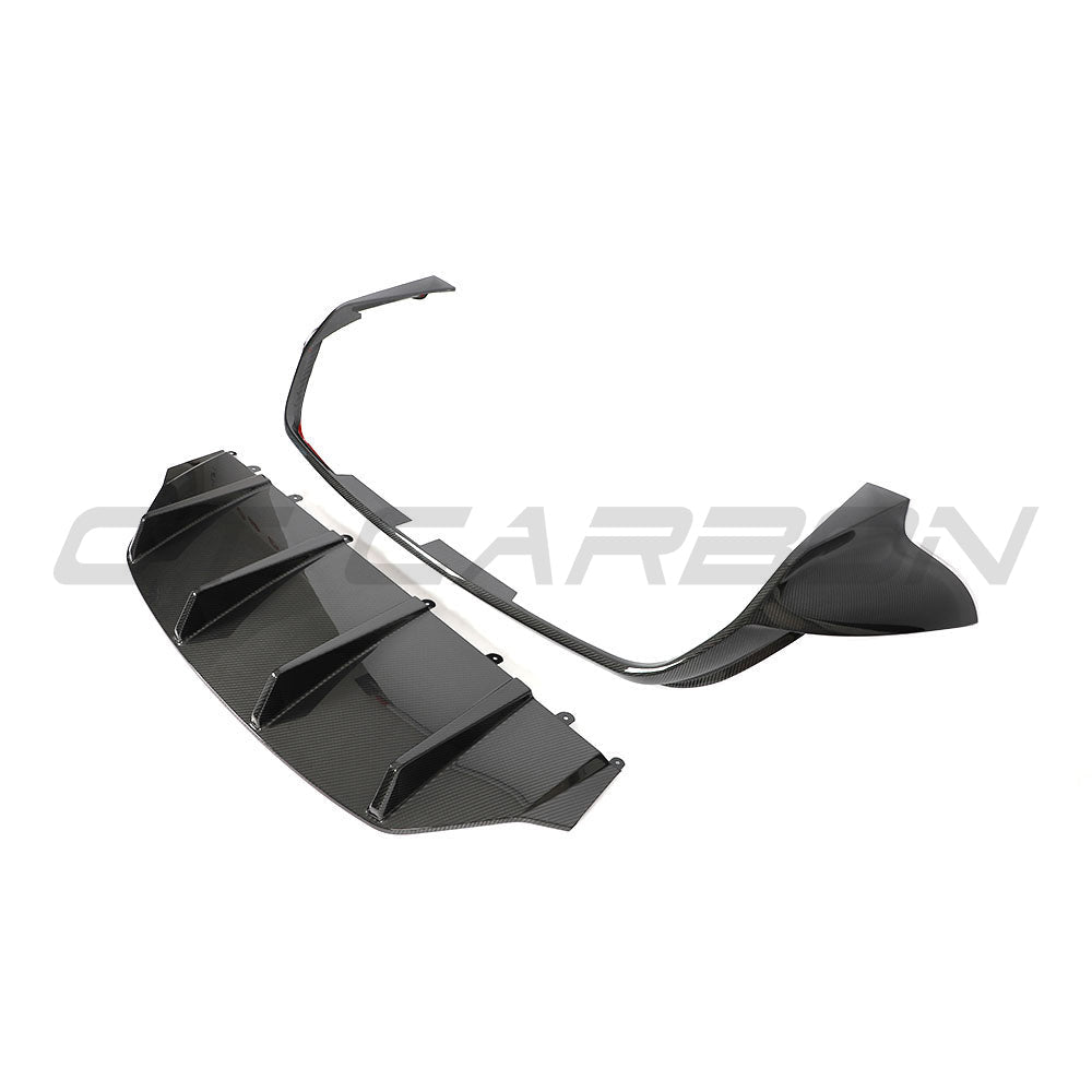 CT Carbon Porsche Taycan 2020-2024 carbon fibre diffuser showing its sleek, aerodynamic design and textured finish.
