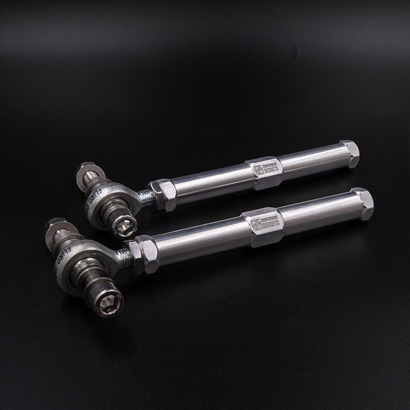 Suspension Secrets adjustable bump steer tie rod ends for Porsche 981 Cayman and Boxster GT4, showing detailed suspension linkage components.