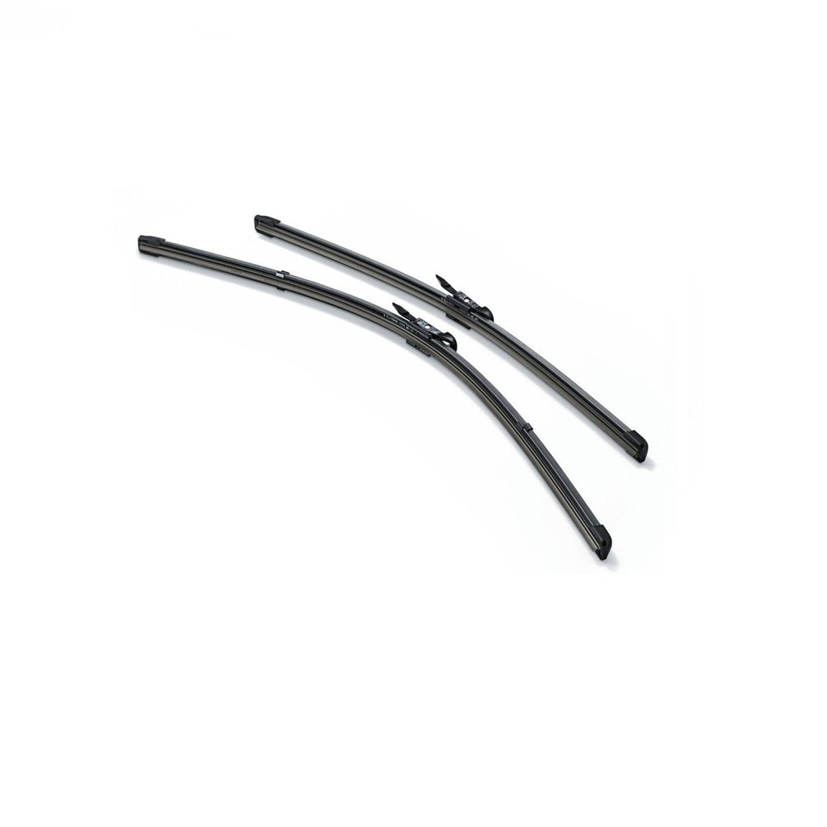 Genuine BMW wiper blades F32 F33 F36 F82 F83 M4 model, black rubber blades with metal frames for clear windshield visibility.
