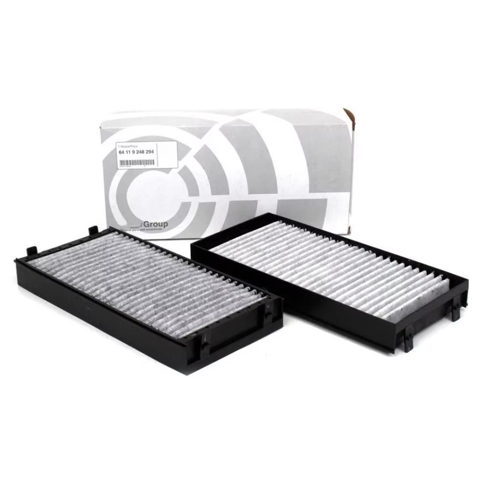 Genuine BMW microfilter set for E70, E71, F15, F16 X5, X6 cabin pollen filters, image showing two replacement filters.