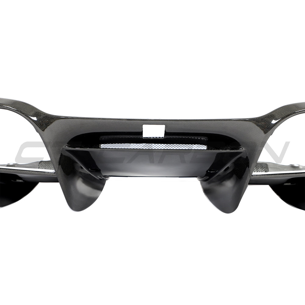 Carbon fiber diffuser for Ferrari F8 2019-2023 by CT Carbon, showing sleek, aerodynamic design and detailed craftsmanship.