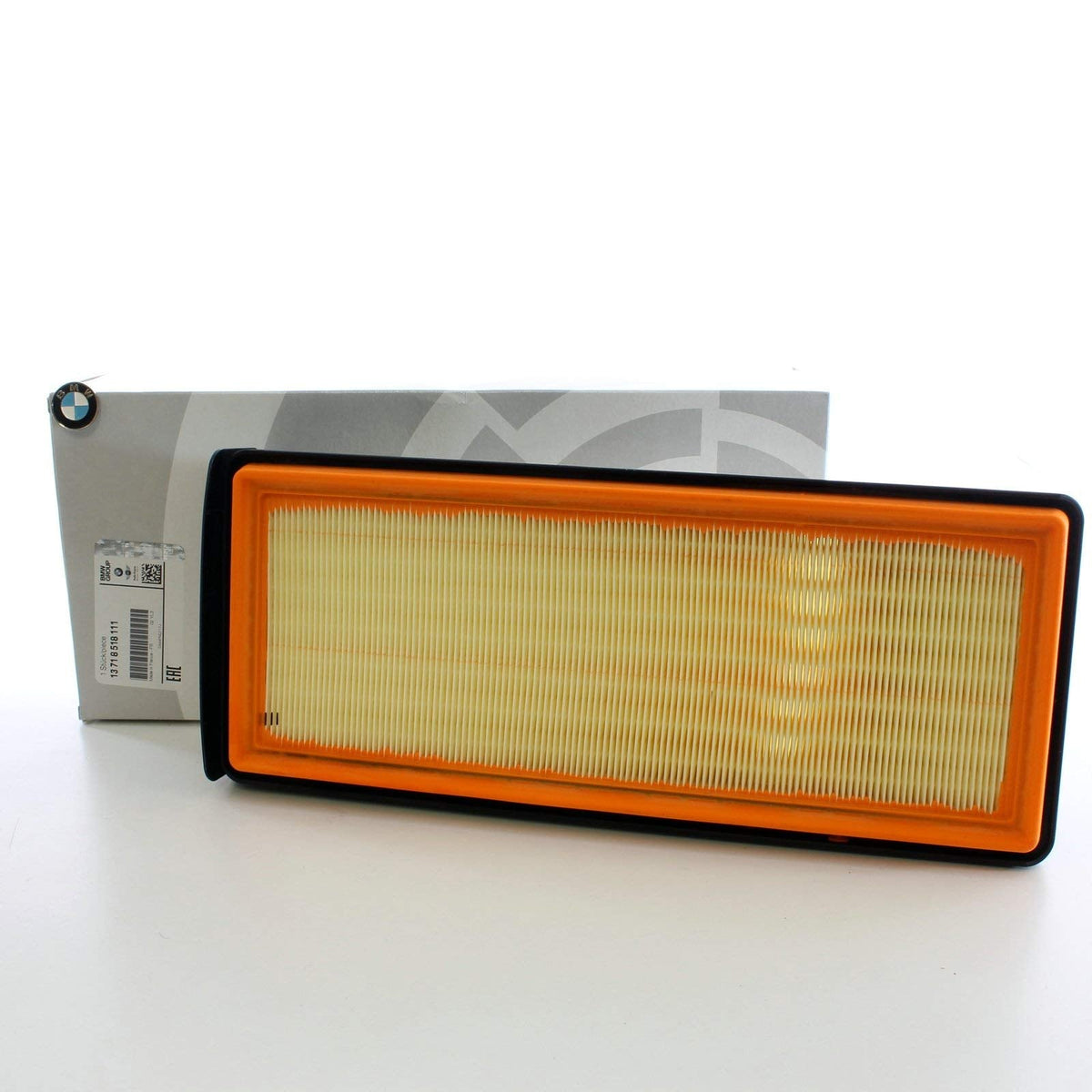 Genuine BMW N57 panel air filter 13718518111, showing clean rectangular filter with pleated filter media for engine airflow.