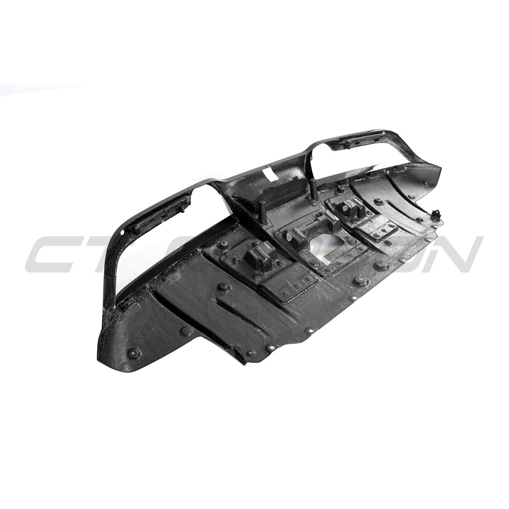 CT Carbon Ferrari F8 carbon fibre diffuser for 2019-2023 sports car, showcasing sleek aerodynamic design and lightweight materials.