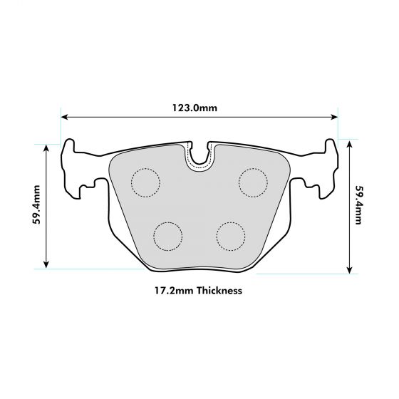 BMW M3 E46 rear performance brake pads from PBS, showing the black brake pad with mounting hardware and detailed surface.