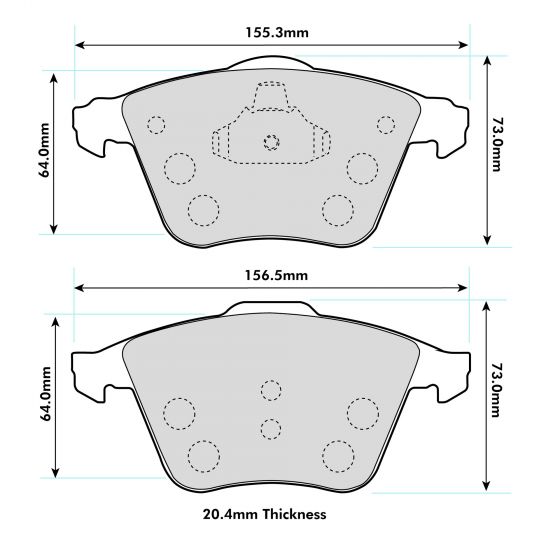 VW Passat front performance brake pads by PBS, showing the black metal backing and brake pad friction material.