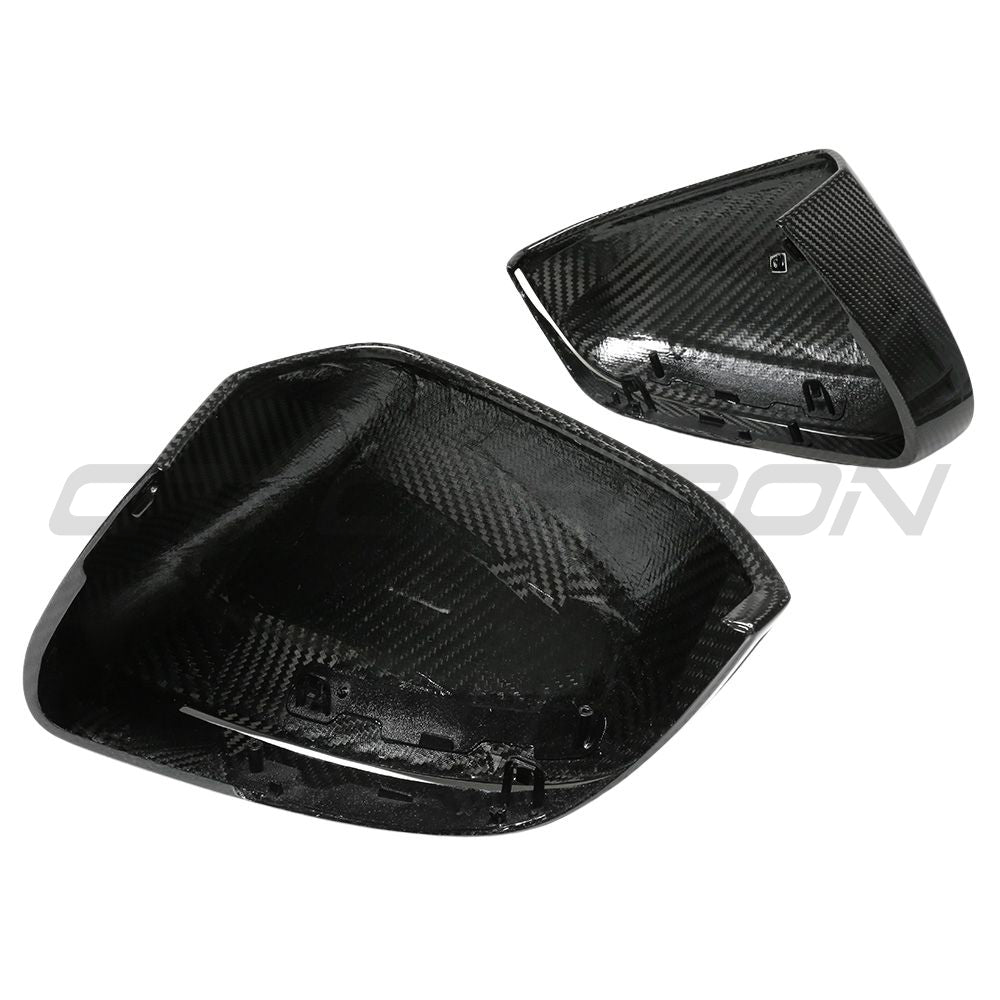 BMW M5 G90 and 5 Series carbon fiber side mirror covers by CT Carbon, LHD, pre-preg carbon fiber accessories, close-up view