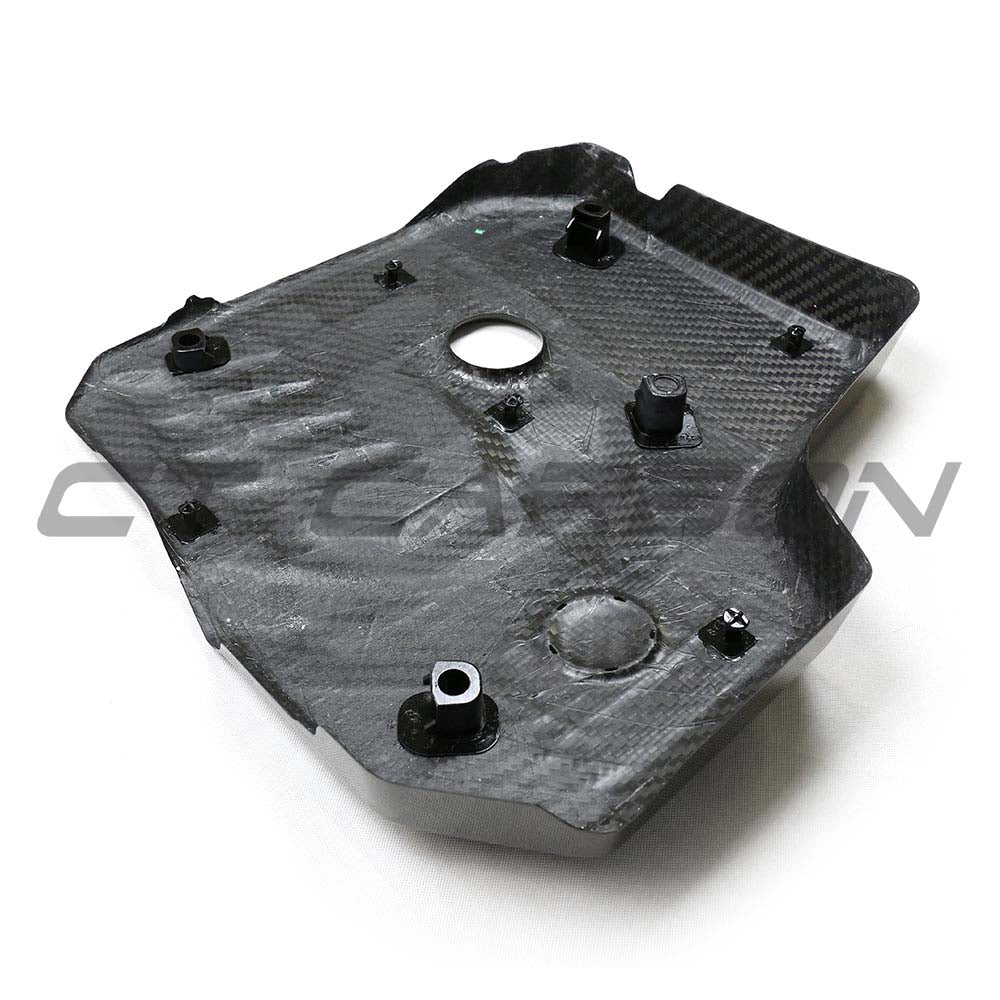 BMW G42 2 Series 2022+ dry carbon fiber engine cover by CT Carbon, showcasing sleek, lightweight engine accessory.
