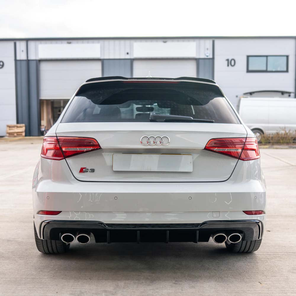 CT Carbon gloss black diffuser for Audi A3/S3 8V facelift Sportback 5-door, showcasing sleek aerodynamic design.