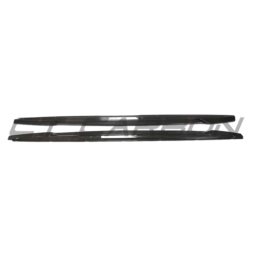 Full carbon fibre side skirts kit for Audi A3/S3 8Y saloon by CT Carbon, showcasing sleek, lightweight carbon fibre design.