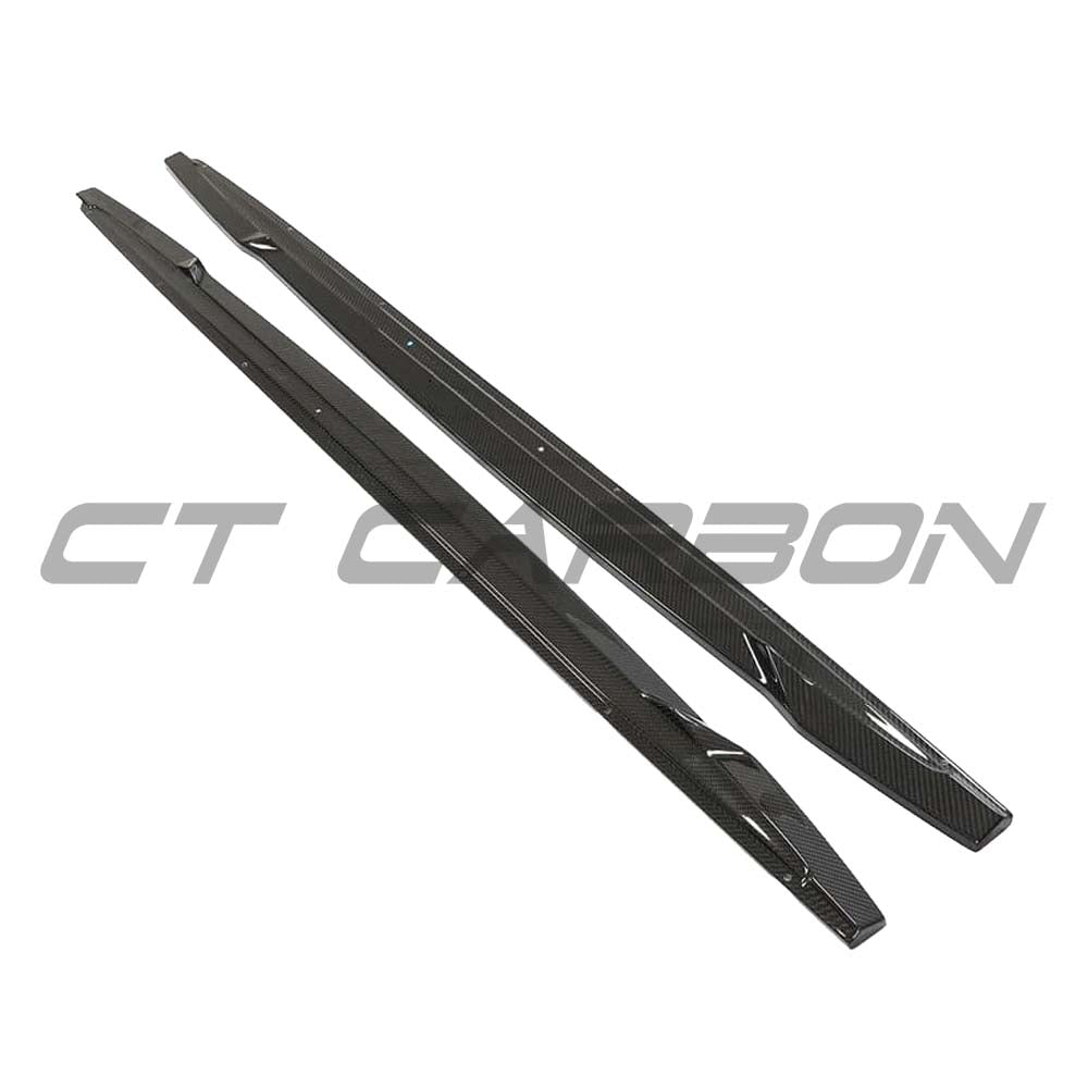 Carbon fibre side skirts kit for Audi A3/S3/RS3 Sportback by CT Carbon, showcasing sleek black carbon fibre material and aerodynamic design.