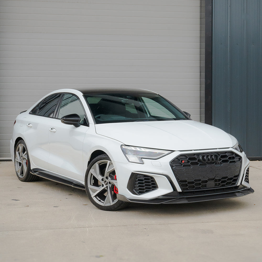 Full view of an AUDI A3/S3 8Y saloon with CT Design full carbon fiber kit installed, showcasing sporty exterior enhancements.