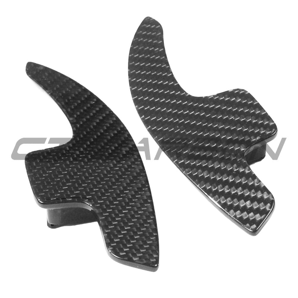 Carbon fibre shifter paddles for Audi A3, S3, RS3 8V models by CT Carbon, showing sleek, lightweight racing-inspired design.
